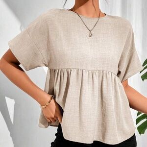 Babydoll Short Sleeve Loose Blouse Ruffle Hem Button Round Neck Top